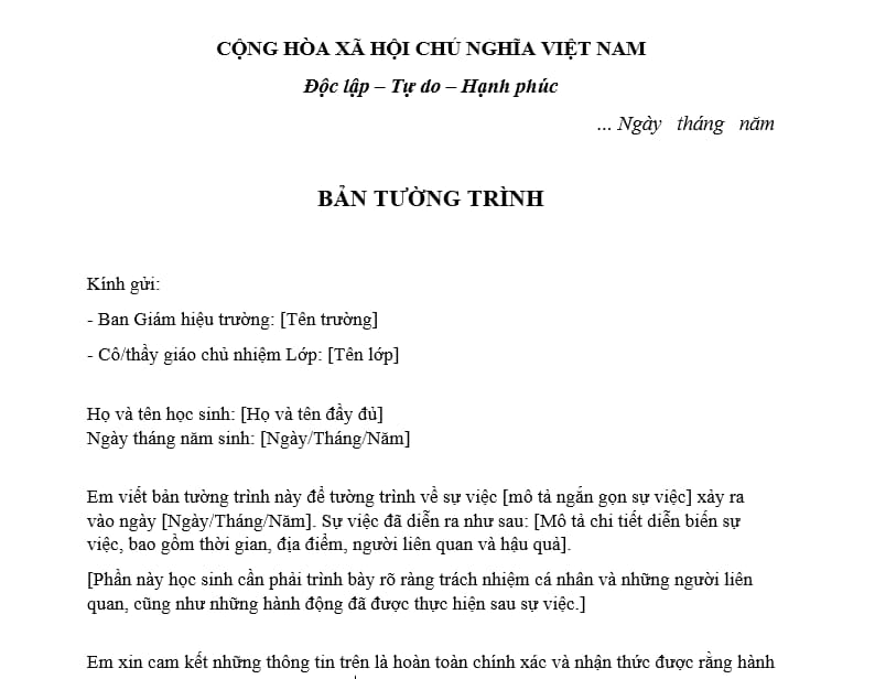 bố cục bản tường trình trong trường THCS